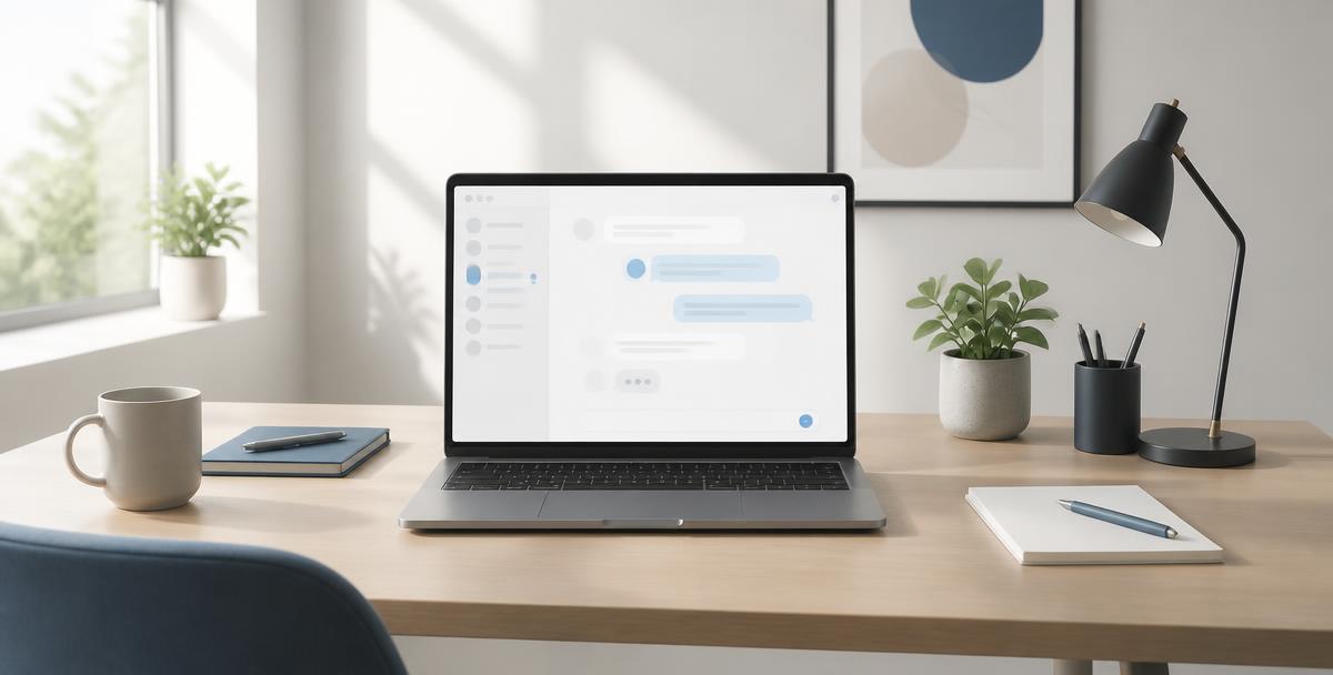 Scrivania con laptop che mostra un'interfaccia di chat, luce naturale, atmosfera di lavoro ordinaria